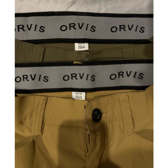 2 pairs of Orvis Men's Tech Pants 34 x 30 Olive Tan 5 -6 Pockets Water repellant - Picture 2 of 10